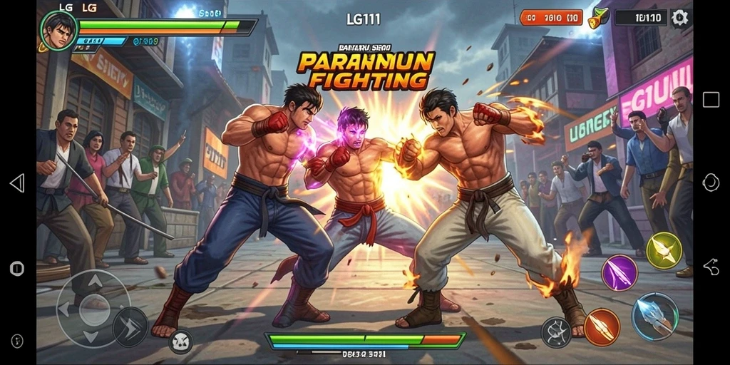 Screenshot gameplay LG111 menunjukkan pertarungan seru dan karakter dinamis.