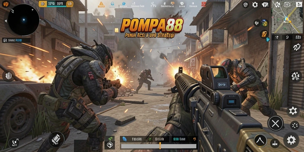 Tangkapan layar menampilkan aksi intens dalam POMPA88.